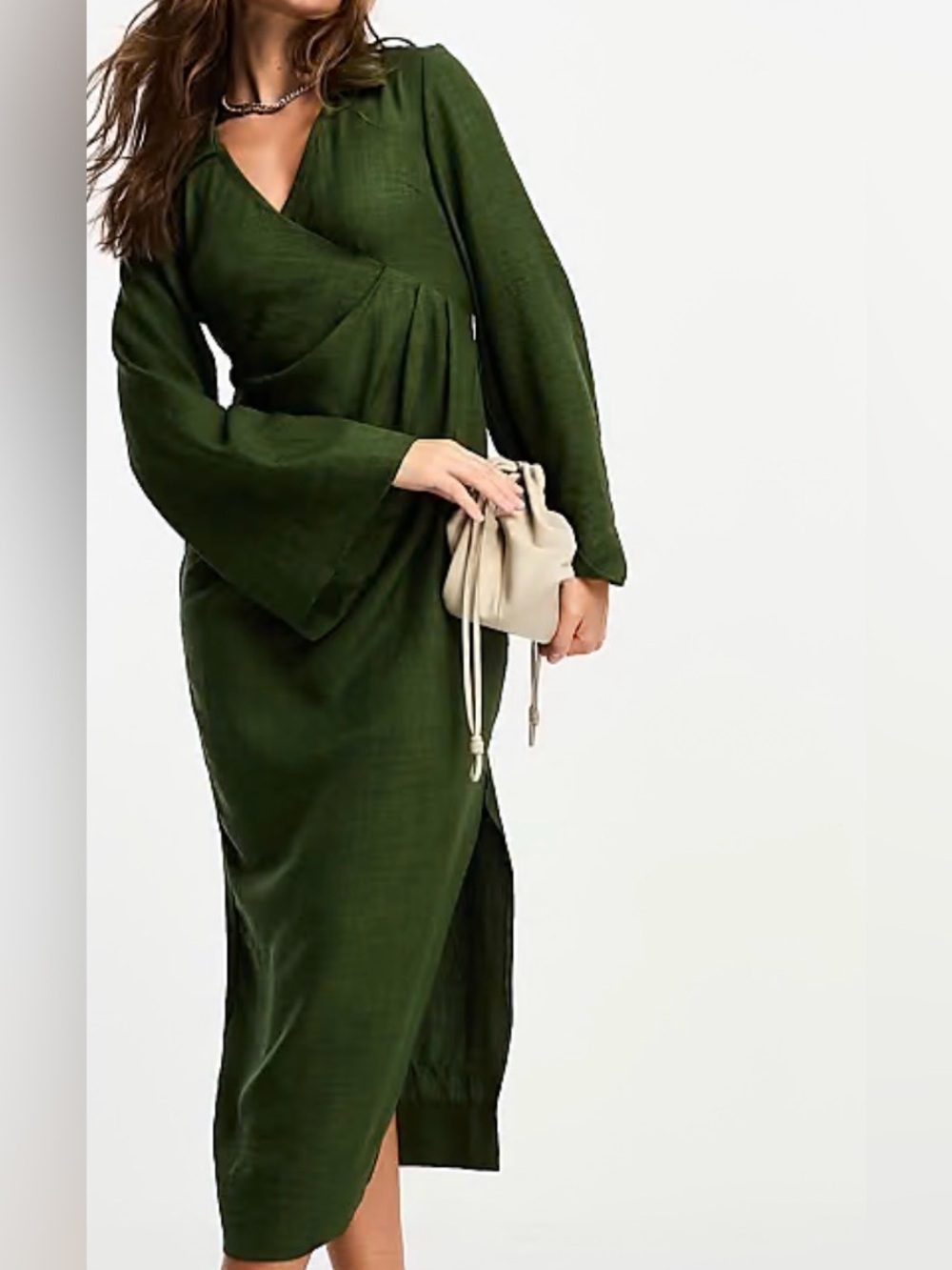 ASOS Olive Green Wrap Midi Dress with Long Bell Sleeves